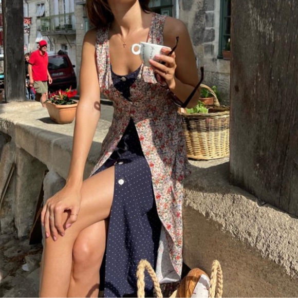 Rouje Dresses & Skirts - ROUJE Floral Navy Polka Dot Printed Layered Sleeveless Button Down Lorine Dress